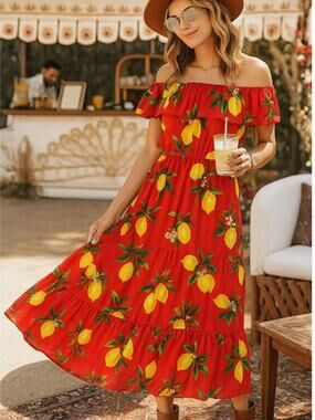 Alexia Admor New York Lemon Print Off-the-Shoulder Maxi Dress